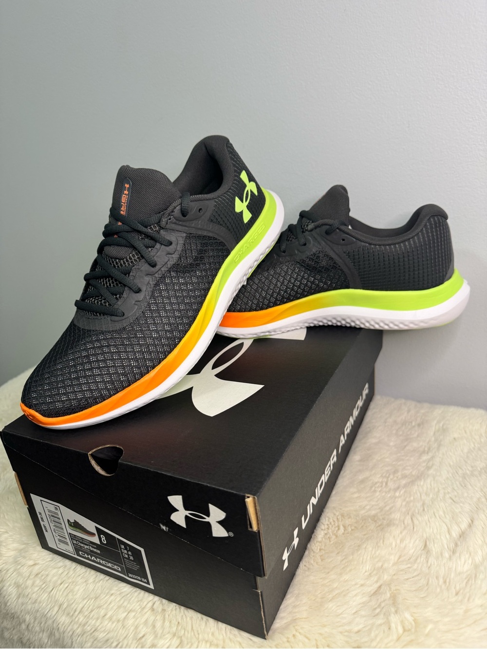 Under Armour Men’s Black Sneakers with Neon Green and Orange Trim